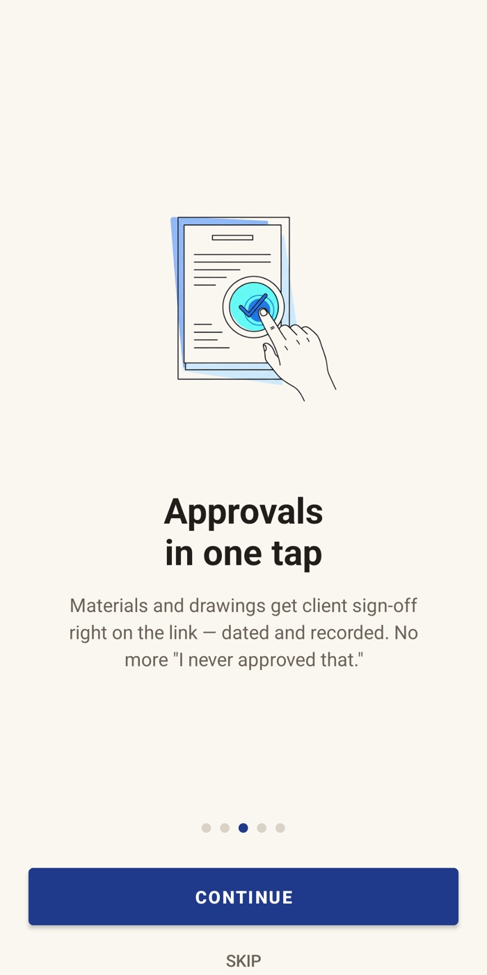 Blueprint Android app welcome screen titled Approvals in one tap: materials and drawings get client sign-off right on the link, dated and recorded.