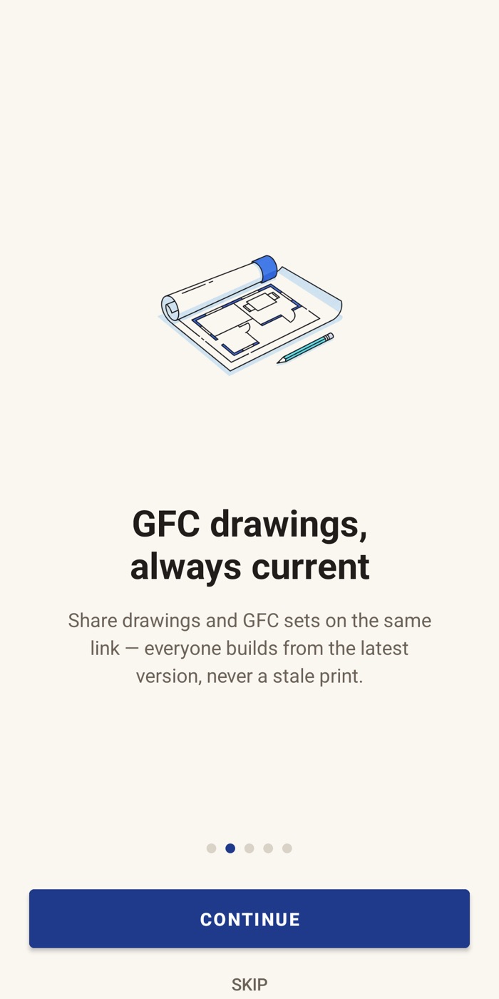 Blueprint Android app welcome screen titled GFC drawings, always current: drawings and construction sets are shared on the same link, so everyone builds from the latest version.