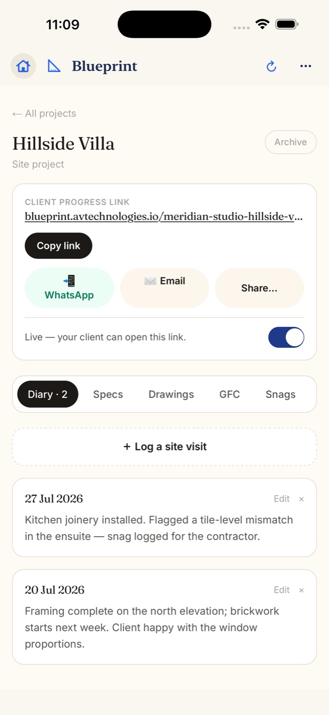 Blueprint on iPhone: the Hillside Villa project with its client progress link, buttons to share it by WhatsApp or Email, a switch showing the link is live, and two dated entries in the site diary.